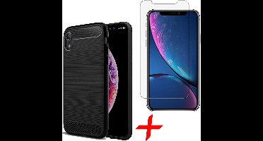 Geborsteld Hoesje geschikt voor Apple iPhone Xr - TPU Gel Siliconen Case Zwart + Tempered Glass Screenprotector Transparant iCall