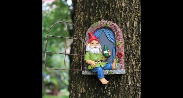 Tuinbeelden Dronken Kabouter, Boomsculptuur Tuindecoratie Buitenornamenten, Tuinkabouterbeelden Elf van de Deur Boomknuffelaar, Grappige Hars Kabouterbeelden Figuren Halloween