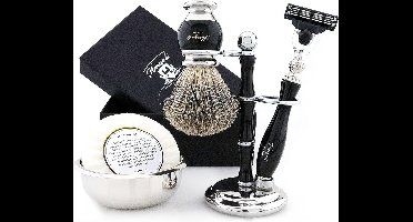 Complete scheerset voor mannen, Haryali London-scheerset voor het scheren van mannen, met 3-randscheermes, scheerkwast, scheerstandaard, scheerkom en zeep, beste scheerset voor het scheren van mannen in zwarte kleur