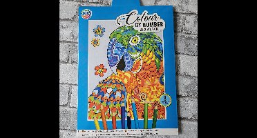 Kleuren op nummer papagaai met 8 kleurpotloden