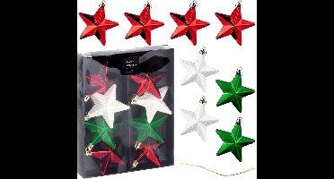 Kerstballen Set Onbreekbaar Sterren Rood Groen Wit 6,5 cm 8 stuks - Kerstdecoratie