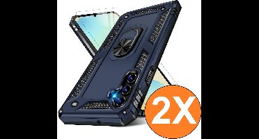 Hoesje Geschikt voor Samsung Galaxy S24 FE Hoesje Blauw Anti-Shock Hybrid Armor hoesje Met Draaibare Ring Houder - Samsung S24 FE Screenprotector 2 pack