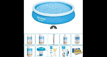 Bestway Rond Opblaasbaar Fast Set Zwembad - 366 x 76 cm - Blauw - Inclusief Chloor - Chloordrijver - Testrips - Reparatiesetje - Scrubborstel - PH-min - PH-plus - Thermometer - Anti Alg - 11-delig