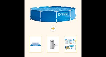 Intex Rond Frame Zwembad - 366 x 76 cm - Blauw - Inclusief Grondzeil - Zwembadfilterpomp - Onderhoudspakket - 4-delig