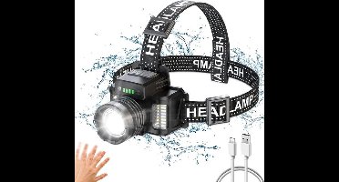 LED-hoofdlamp - 18000 lm oplaadbare hoofdlamp met zoomfunctie en bewegingssensor, 24 uur gebruiksduur, waterdicht, geschikt voor kamperen, vissen, hardlopen, wandelen, lezen en werken