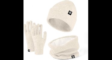 Dames Gebreide Muts, Sjaal & Handschoenen Set – Zacht Fleece Binnenvoering – Warme Colsjaal & Touchscreen Handschoenen – Gebroken Wit – Winter 3-delige Set