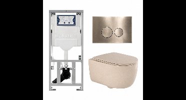 QeramiQ Dely Swirl Toiletset - 36.3x51.7cm - Geberit UP320 inbouwreservoir - met Burda frame -slim zitting - geborsteld messing bedieningsplaat - ronde knoppen - beige