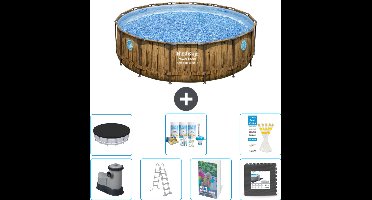 Bestway Rond Power Steel Swim Vista Zwembad - Houtprint - 488 x 122 - Inclusief Pomp - Ladder - Afdekzeil - Onderhoudspakket - Vloertegels - 8-delig