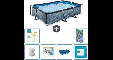 EXIT Rechthoekig Stone Frame Zwembad - 300 x 200 x 65 cm - Inclusief Pomp Loungebed - Afdekzeil - Vloertegels - 7-delig