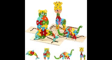 4 stuks Houten cartoonpuzzels voor peuters, Montessori-speelgoed voor kinderen van 3-5 jaar, kleurrijke dierenpuzzels, educatief speelgoed, verjaardagscadeau voor jongens en meisjes
