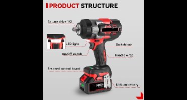 Slagmoersleutel - Met Accu - Torque - Elektrische - 2800W - Slagschroevendraaier - Draadloze - 8000RPM - Borstelloze - 1/2 Inch - 18V - 2800Nm - 1 Batterij