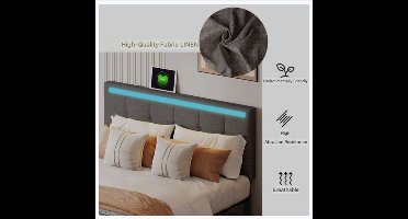 Bedframe – Modern Bed – Opbergbed – Gestoffeerd Bed – LED-Verlichting – USB-Poorten – Houten Lattenbodem