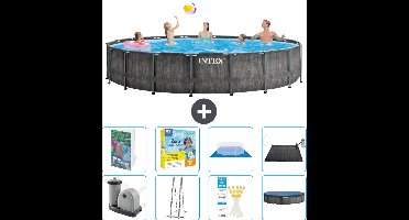 Intex Rond Prism Frame Greywood Zwembad - 549 x 122 cm - Inclusief Pomp - Ladder - Grondzeil - Afdekzeil - Onderhoudspakket - Solar Mat - 9-delig
