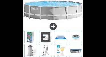 Intex Rond Prism Frame Zwembad - 457 x 107 cm - Grijs - Inclusief Pomp - Ladder - Grondzeil - Afdekzeil - Vloertegels - Verlichting - 9-delig