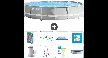 Intex Rond Prism Frame Zwembad - 457 x 107 cm - Grijs - Inclusief Pomp - Ladder - Grondzeil - Afdekzeil - Schoonmaakset - Vloertegels - 9-delig