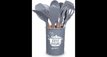 alpina Keukengerei set met Houder - 12 Stuks - Siliconen Gerei met Houten Handvat - Grijs