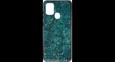 Shop4 - Samsung Galaxy A21s Hoesje - Zachte Back Case Marmer en Goud Flakes Groen