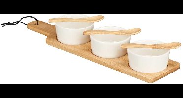 Kinvara Serveerplank set schaaltje/kommetje - 7 delig - porselein/bamboe - 3 lepeltjes - borrelen