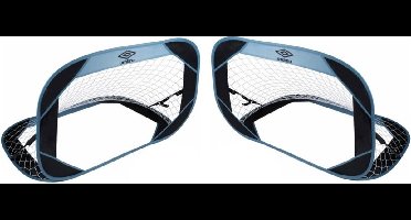 Umbro Pop up Voetbalgoal/voetbaldoel - 2x - uitklapbaar - incl. reistas en grondharingen - kunststof - blauw/zwart - 110 x 78 x 78 cm