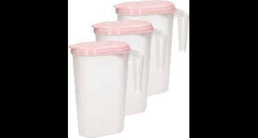 3x stuks waterkan/sapkan transparant/roze met deksel 1.6 liter kunststof - Smalle schenkkan die in de koelkastdeur past