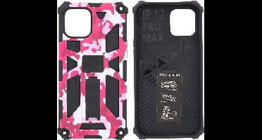 Hoesje Geschikt voor iPhone 12 Pro Max Hoesje - Rugged Extreme Backcover Camouflage met Kickstand - Pink