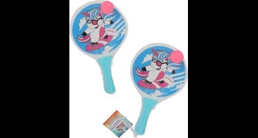 Houten beachball set lichtblauw met surfende eenhoorn print - Strand balletjes - Rackets/batjes en bal - Tennis ballenspel