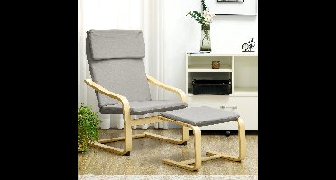 Loungestoel – Fauteuil – Relaxstoel – Zetel – Armstoel – Linnenlook Stof – Houten Frame – Incl. Voetenbankje – Max 120 Kg – Lichtgrijs/Natuur