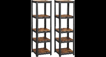 Sierra Stellingkast, Legplank voor zwaar gebruik, keukenplank, set van 2, boekenkast, opbergplank, staande plank, 5 planken, 150 x 37 x 37 cm, belastbaar tot 400 kg, verstelbare planken, vintage bruin-zwart GLR037B02