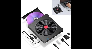 Een externe cd/dvd-drive met USB 3.0- en Type-C-interfaces, die cd/dvd's brandt en leest, compatibel met laptops, pc's, Macs, MacBooks, Windows- en Linux-systemen.