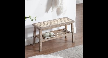 Rattan Poef – Opbergpoef – Zitpoef – Voetenbank – Hocker – Beige Variant – Mid Century Design – Stevig Houten Frame