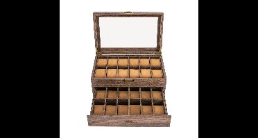JAQZY Horloge Doos - Organizer - Luxe Uitstraling - 24 Compartimenten - 34 × 21 × 15 cm - 2 Lagen - Glazen Kijkvenster - Bruin