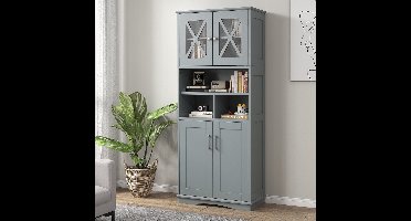 Badkamerkast – Badkamermeubel – Kolomkast – Opbergkast – Vrijstaande Kast – Acryl Deuren – Verstelbare Planken – 145 cm Hoog – Grijs