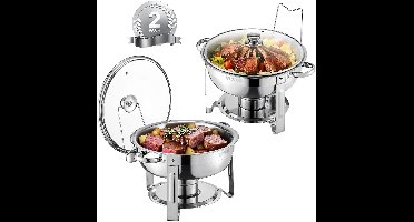 JAQZY Chafing Dish - Buffet Verwarmer - Set van 2 - Totaal 9.4 L - Met Glazen Deksel - Inklapbaar Frame - Roestvrijstaal - Zilver