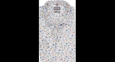 OLYMP Luxor comfort fit overhemd - korte mouw - dobby - wit met blauw en roze bloemetjes dessin - Strijkvrij - Boordmaat: 44