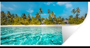 Muurstickers - Sticker Folie - Uitzicht op een strand met palmbomen vanuit het water - 40x20 cm - Plakfolie - Muurstickers Kinderkamer - Zelfklevend Behang - Zelfklevend behangpapier - Stickerfolie