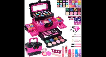 Goodivery ® Kindermake-upset voor meisjes, 57 stuks, kindertoilettas, beautybox voor meisjes, cadeau voor Halloween, Kerstmis, verjaardag- ‎16 x 8.8 x 15 cm, Rozerood