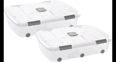 Plasticforte Opslagbox - 2x stuks - met deksel - 56L - 80 x 60 x 18 cm - transparant - opbergbak - met wielen