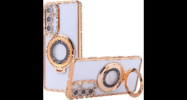 Hoesje Geschikt voor Samsung Galaxy A35 Magsafe hoesje Goud - Lens beschermer ring Luxury Bling Sparkly Diamond backcover