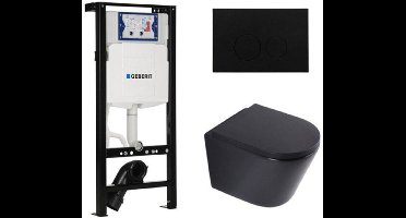 QeramiQ Dely Toiletset - 36.3x51.7cm - diepspoel - rimless - Inbouwreservoir met Geberit UP320 spoelmechanisme - softclose toilet zitting 35 mm - kunststof mat zwarte bedieningsplaat - ronde knoppen - mat zwart