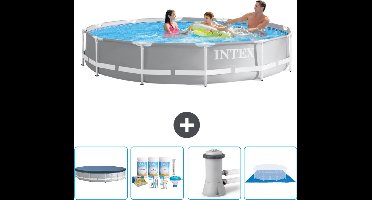 Intex Rond Prism Frame Zwembad - 366 x 76 cm - Grijs - Inclusief Afdekzeil - Onderhoudspakket - Zwembadfilterpomp - Grondzeil