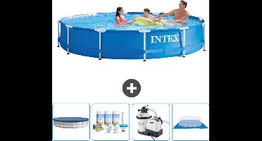 Intex Rond Frame Zwembad - 366 x 76 cm - Blauw - Inclusief Afdekzeil - Onderhoudspakket - Zwembadfilterpomp - Grondzeil