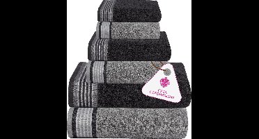 6-delige handdoekenset, grenengrijs + grijspaars, 550 g/m², 2 badhanddoeken, 2 handdoeken, 2 washandjes van zacht Egyptisch katoen voor badkamer, keuken en douche