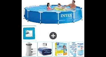 Intex Rond Frame Zwembad - 366 x 76 cm - Blauw - Inclusief Pomp Solarzeil - Onderhoudspakket - Filters - Vloertegels