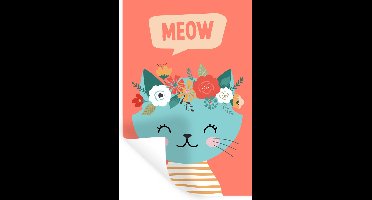 Muurstickers - Sticker Folie - Kat - Bloemen - Blauw - 20x30 cm - Plakfolie - Muurstickers Kinderkamer - Zelfklevend Behang - Zelfklevend behangpapier - Stickerfolie
