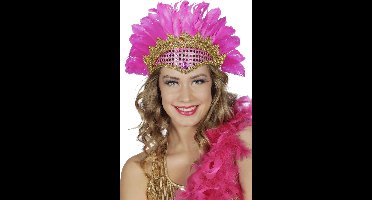 Samba hoofdtooi neon roze met veren en pailletten