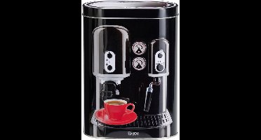 Excellent Houseware Koffie bewaarblik - metaal - retro print zwart - 13 x 8 x 19 cm - cups / bonen / filterkoffie