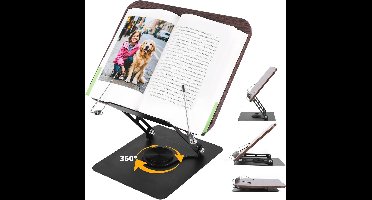 Verstelbare Houten Boekenstandaard voor Lezen - 360° Draaiend, Opvouwbaar, Kookboekhouder met Zijclip, Presentatiestandaard voor Recepten, Tijdschriften, Tablet, Laptop