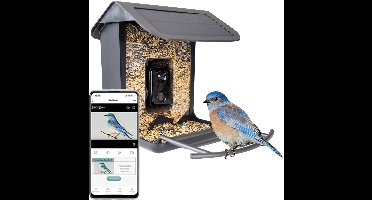 Vogelhuisje met Camera - Vogelvoederhuisje op Zonne-energie - Voederstation - HD Camera - AI Herkent 11.000 Vogels - 1,5L - Hofman Animal Care - Zwart