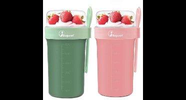 Bugucat Overnight Oats Potten 2 Set, Overnight Haver Container met Deksel en Lepel, Lekvrije yoghurt Cup & Graanbeker met Meetmarkeringen, Salade Opslag Container voor Melk Granen Fruit, Groen & Roze