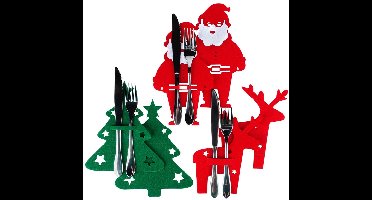 Vilde - Kerstbestek Etui Set - 6 Stuks - Filcmateriaal - Mikołaj, Renifer, Choinka Ontwerp